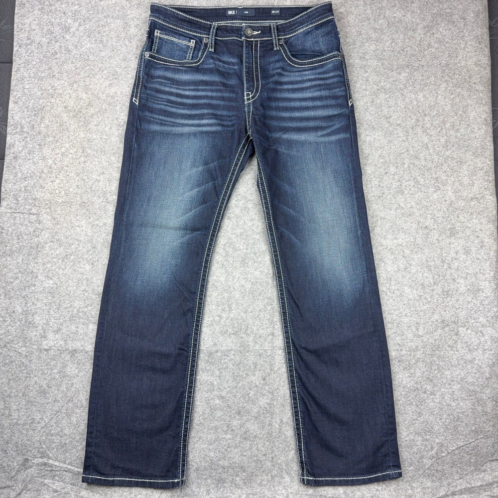 BKE Jeans Mens 36x32 Jake Dark Wash Straight Thick Stitch Stretch CoolMax Denim